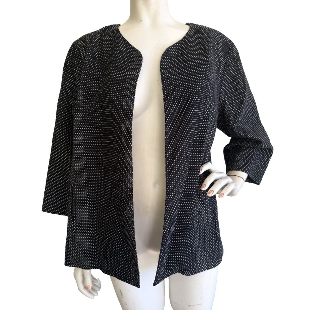 EILEEN FISHER Organic Cotton Jacket Black White Open Front 3/4 Sleeve Size XL